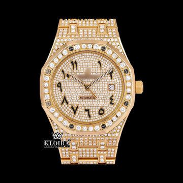 Replica luxury automatic watch with gold Arabic dial and diamond embellishments, featuring a sparkling design and date function.