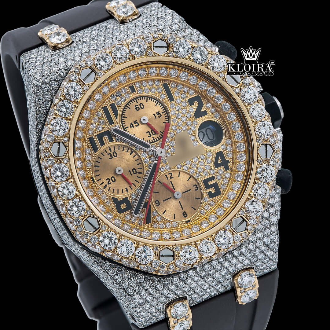 Yellow gold iced out Moissanite diamond watch with black rubber strap and rose dial, showcasing luxury craftsmanship.