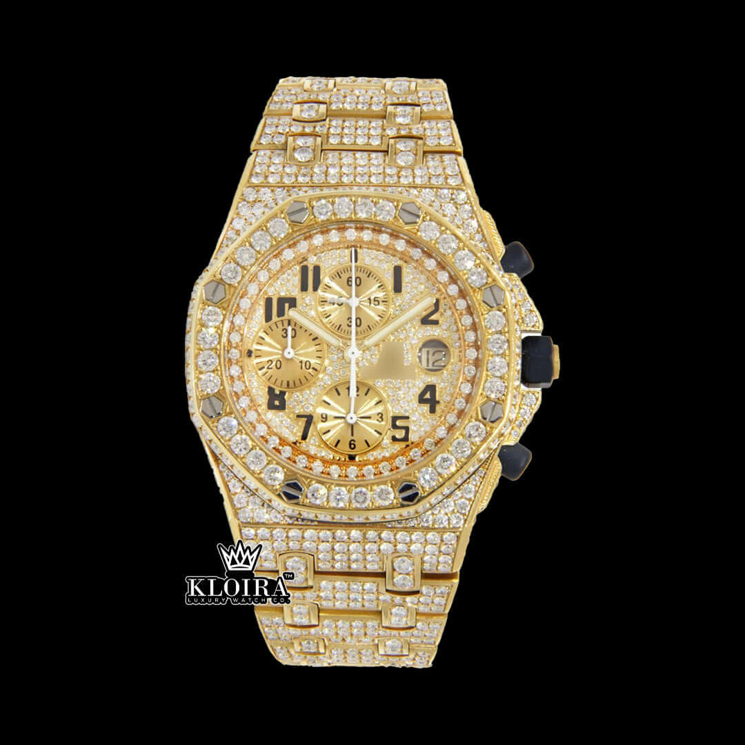 Audemars Piguet Royal Oak Gold watch with iced out moissanite diamonds and a yellow dial.