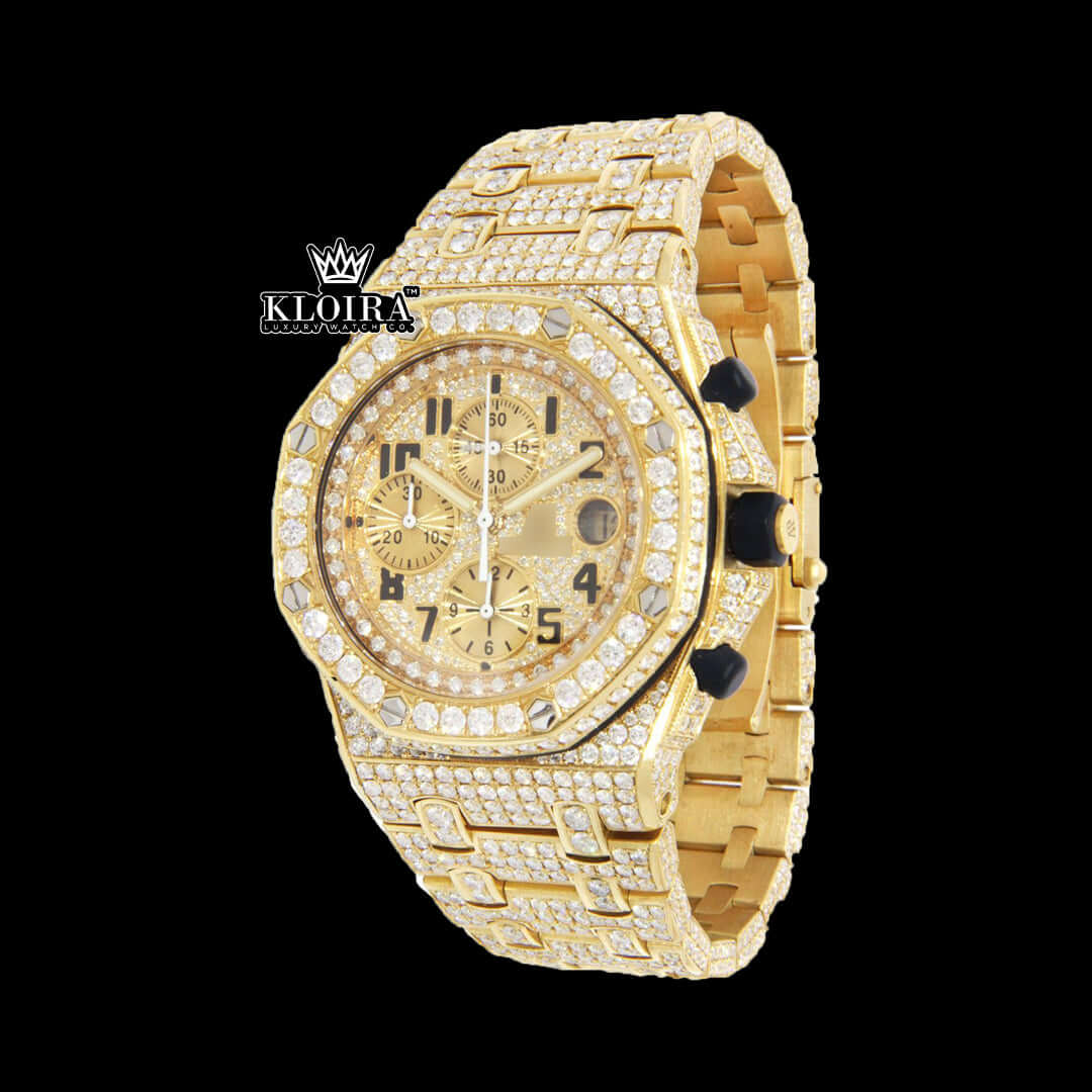 Audemars Piguet Royal Oak Gold watch with iced out moissanite diamonds and a yellow dial.
