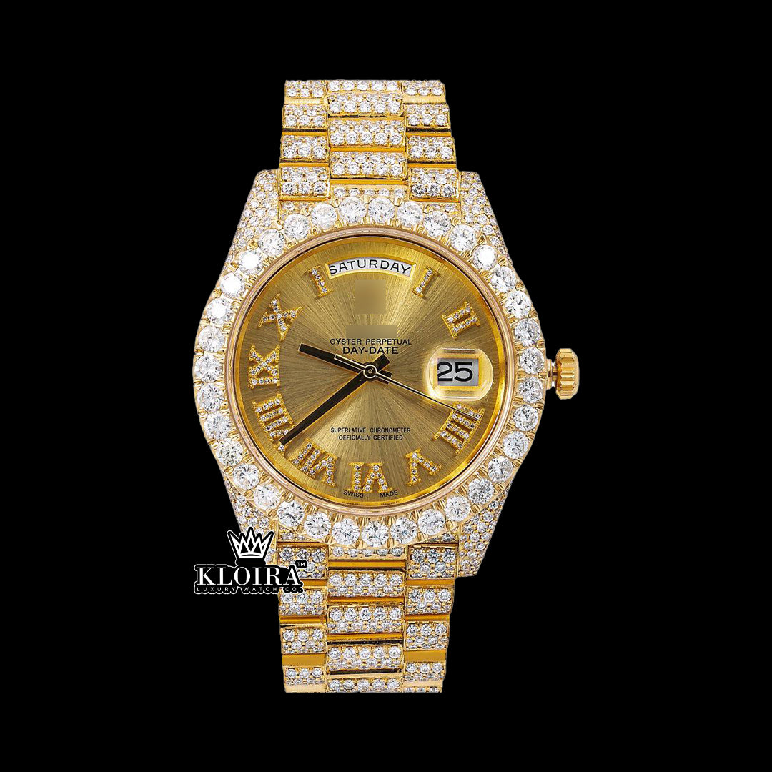 GoldenGleam Moissanite Diamond Watch 14K Gold VVS 20 Carat 42mm Front