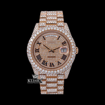 Rose Gold Rolex President Moissanite Watch adorned with 20 carats of VVS diamonds, 42mm case size, luxurious design.