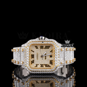 Goldglosy Moissanite Diamond Watch Yellow 14K Gold Plating VVS 30 Carat 42mm Front