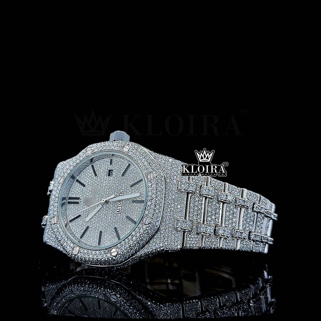 Bust Down Royal Oak Moissanite Diamond Watch with silver stick markers and sparkling design.
