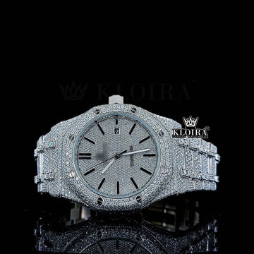 Bust Down Royal Oak Moissanite Diamond Watch with silver stick markers and sparkling design.