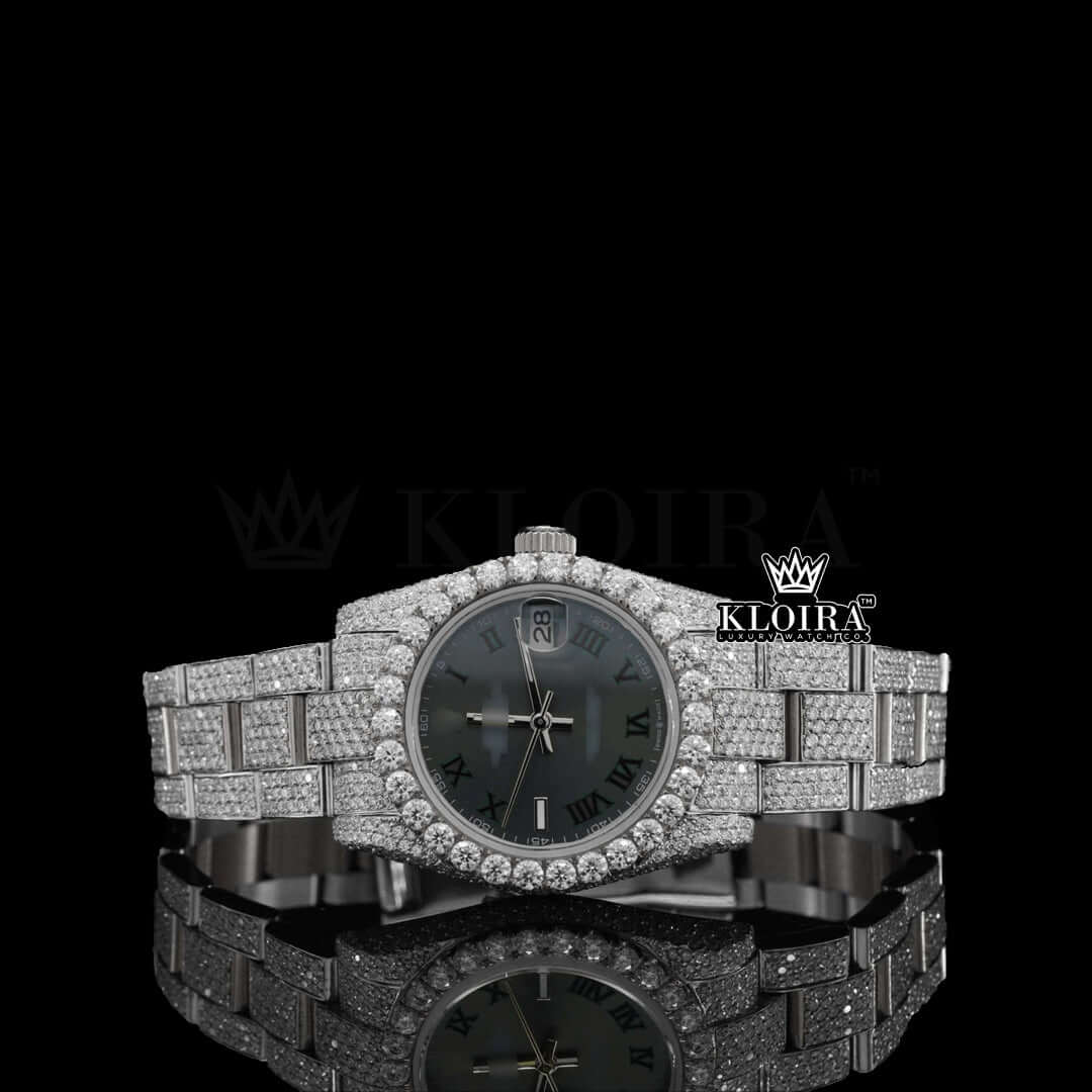 Graphite Moissanite Diamond Watch 14K Gold VVS 30 Carat 42mm Front