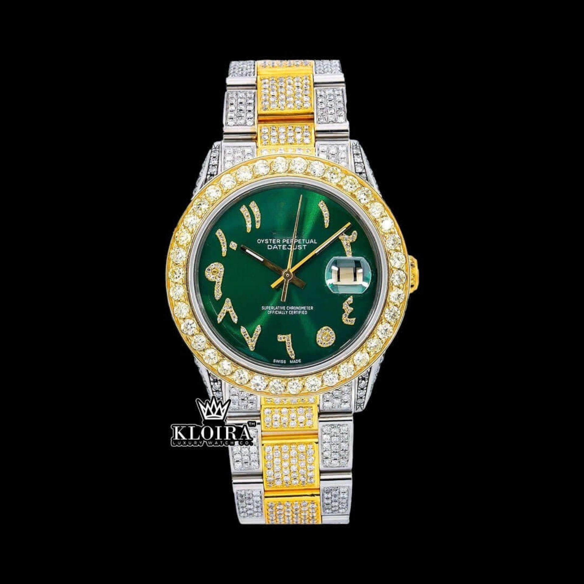 Green Arabic Dial Presidential Watch  Moissanite Diamond 14K Gold 42mm Front View