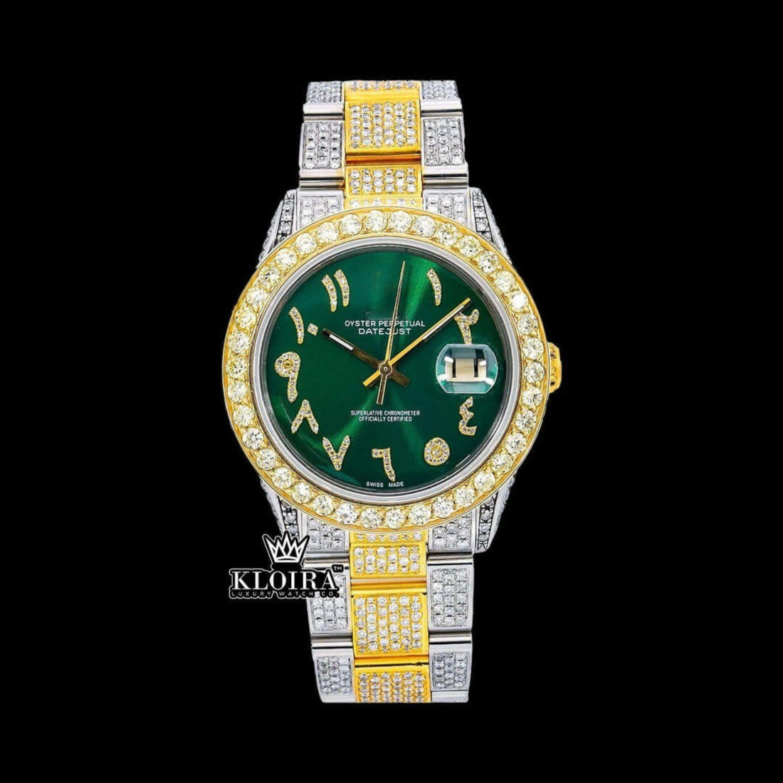 Green Arabic Dial Presidential Watch  Moissanite Diamond 14K Gold 42mm Front View