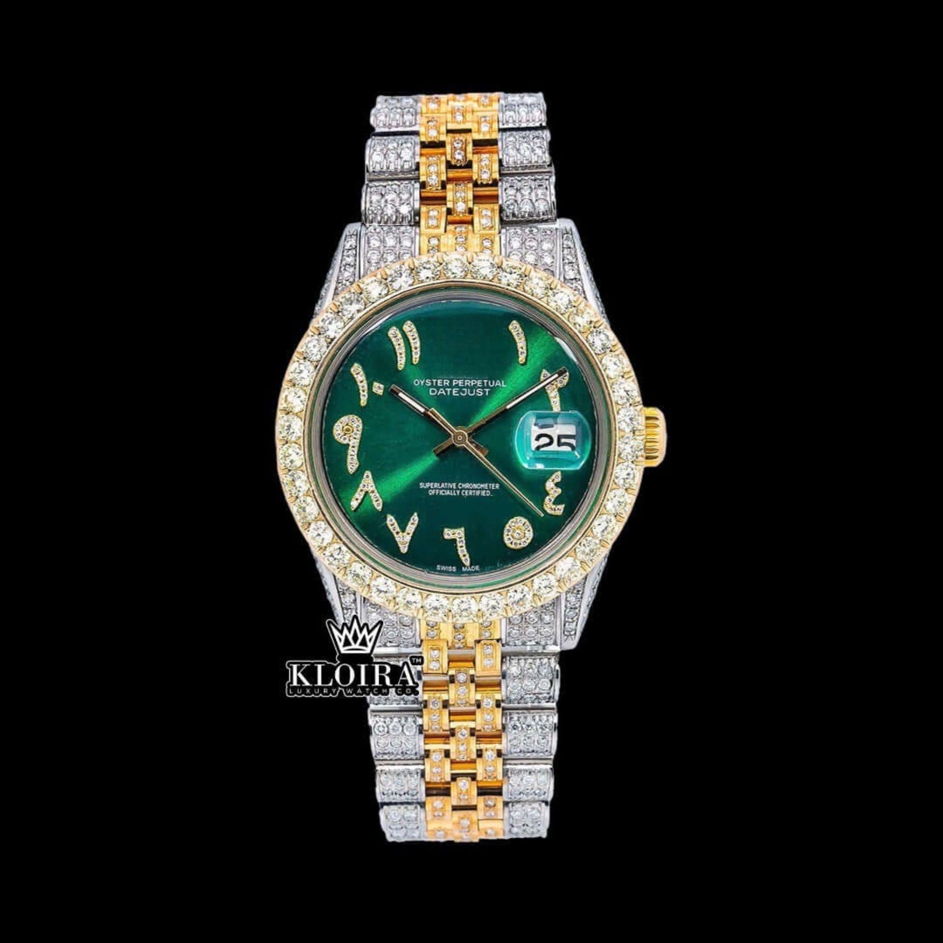 Green Arabic Dial Two Tone Diamond Link Strap Moissanite Watch Front View