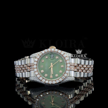 Green Dial Date Display Two Tone Rose Gold Natural Diamond Watch Front View