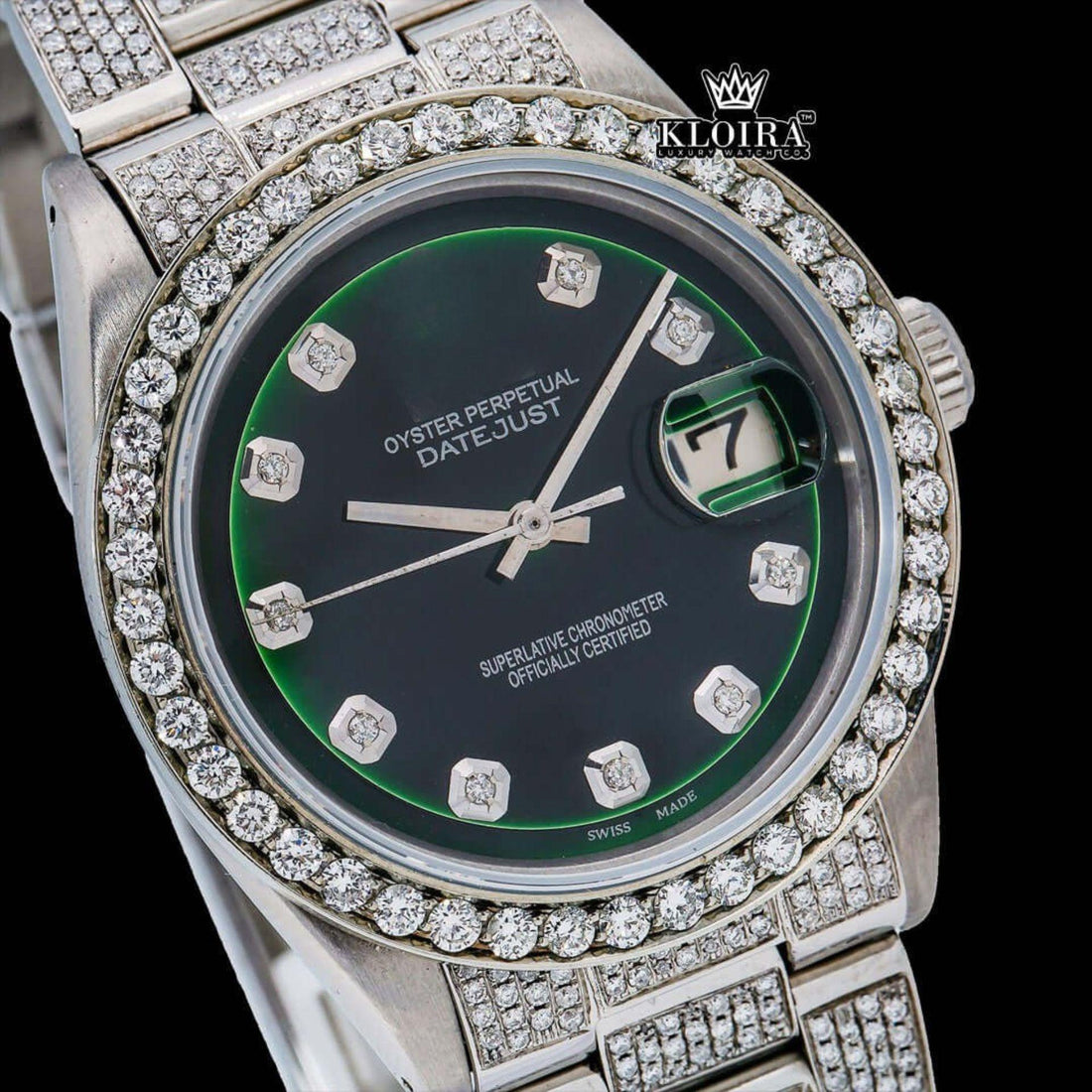 Green Dial Diamond Markers Iced Out Moissanite Diamond Watch Front View