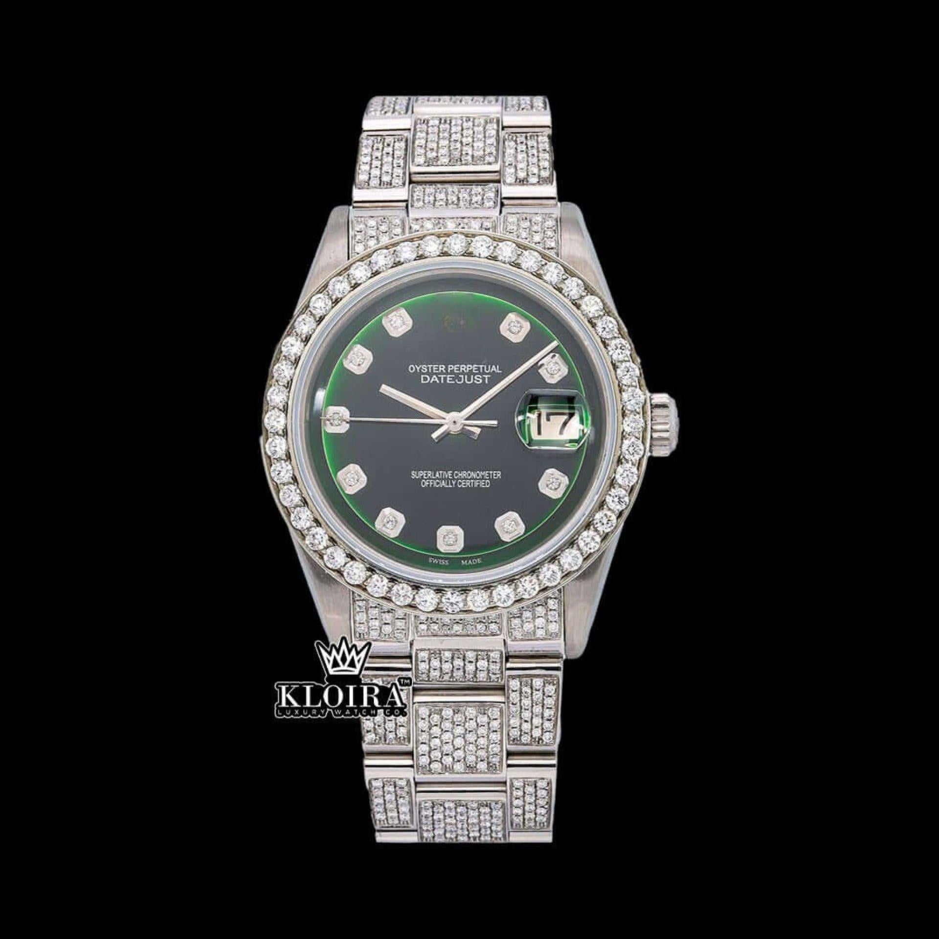 Green Dial Diamond Markers Iced Out Moissanite Diamond Watch Front View