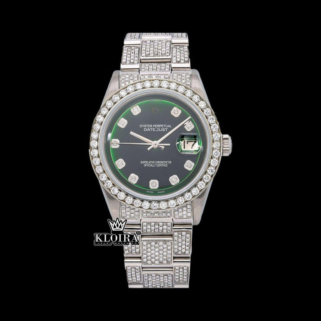 Green Dial Diamond Markers Iced Out Moissanite Diamond Watch Front View