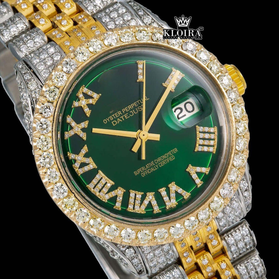 Green Dial Roman Numerals Two Tone Yellow Gold Iced Out Moissanite Watch Front View