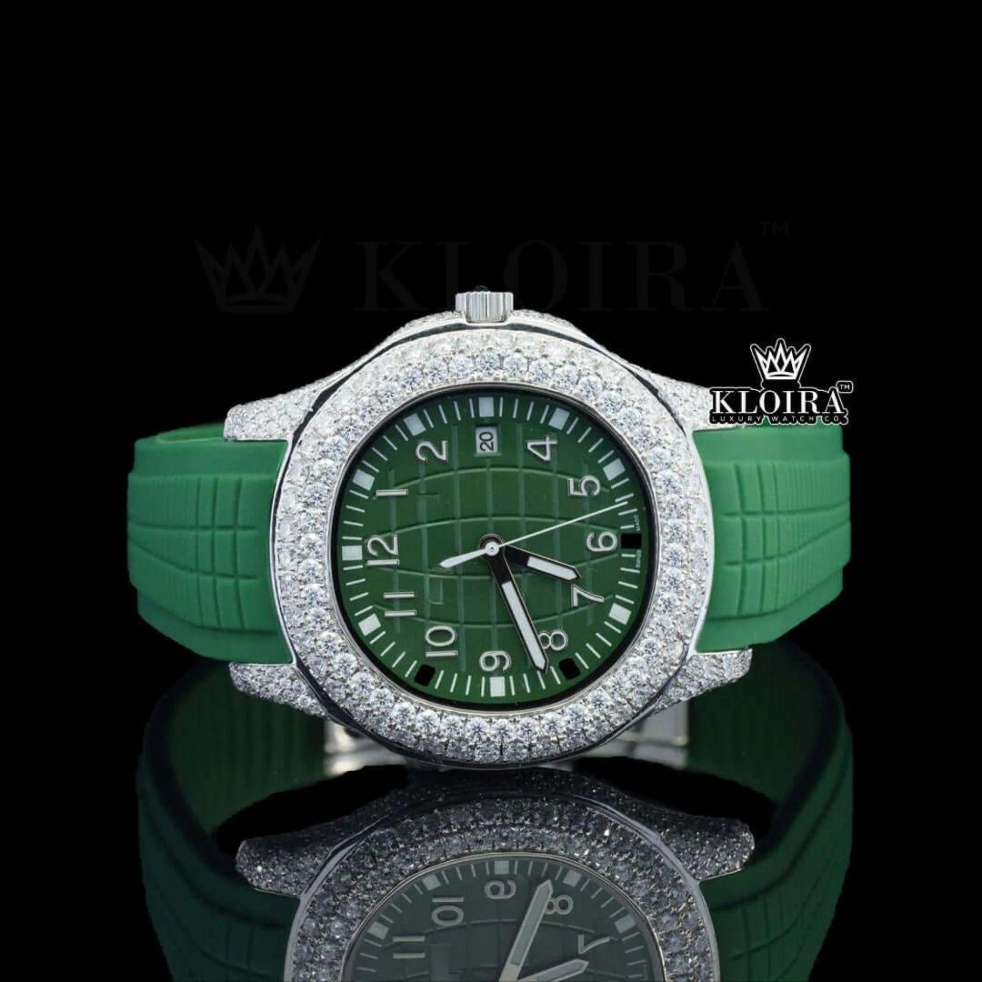 Green Dial Semi Iced Out Silicon Strap Lab Diamond Watch Front View