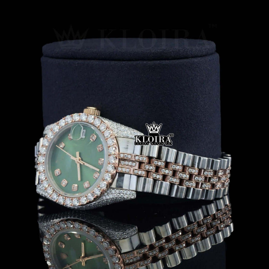 Green Dial Two Tone Rose Silver Moissanite Diamond Watch Front View