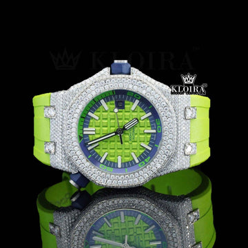Green Dial White Stick Markers Semi Iced Out Moissanite Diamond Watch Front View