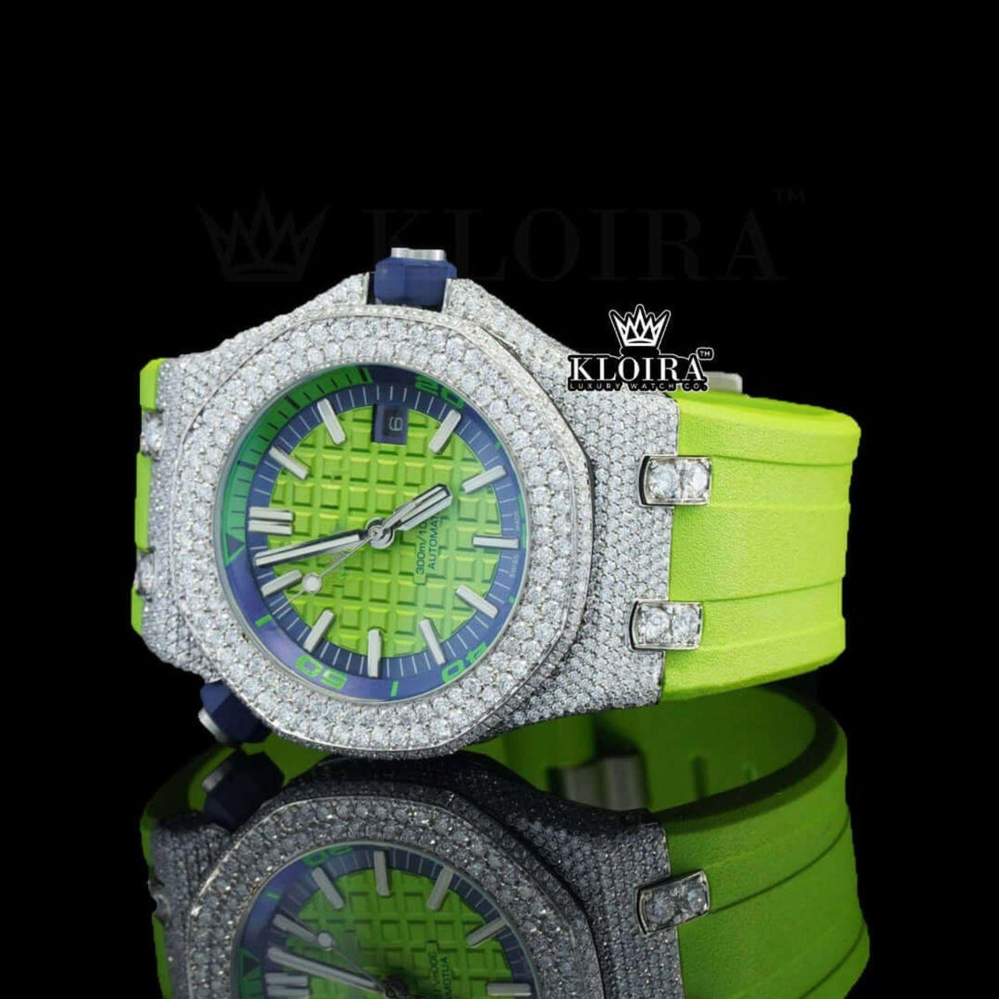 Green Face AP Neon Rubber Strap Iced Out Moissanite Watch Front View