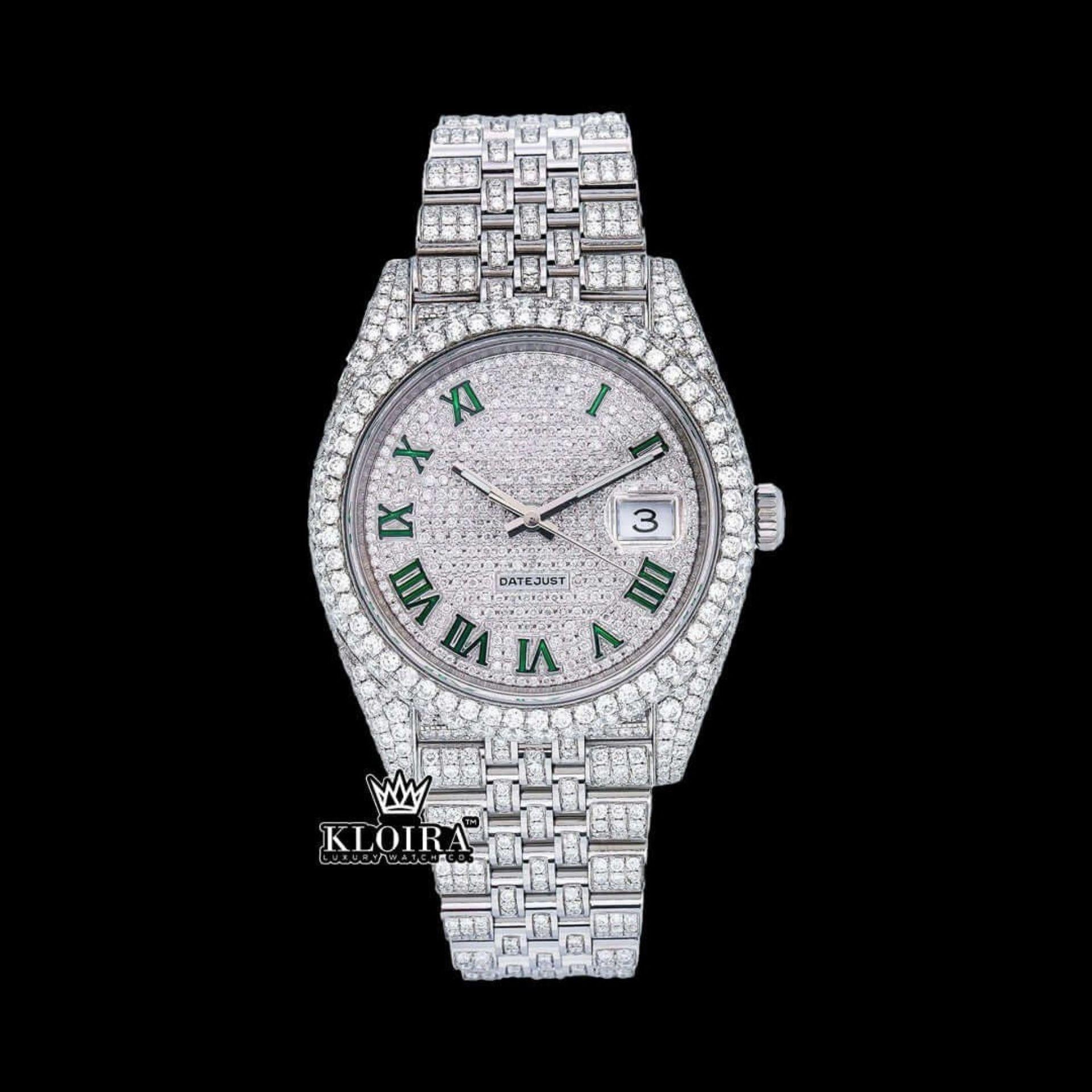 Green Roman Numerals Dial Full Iced Out Moissanite Diamond Watch Front View