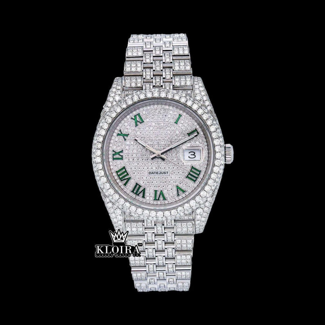 Green Roman Numerals Dial Full Iced Out Moissanite Diamond Watch Front View