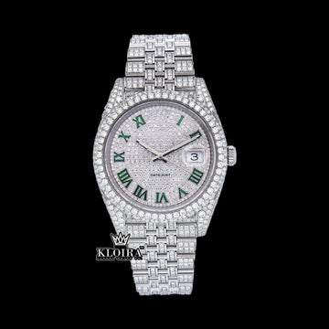Green Roman Numerals Dial Full Iced Out Moissanite Diamond Watch Front View