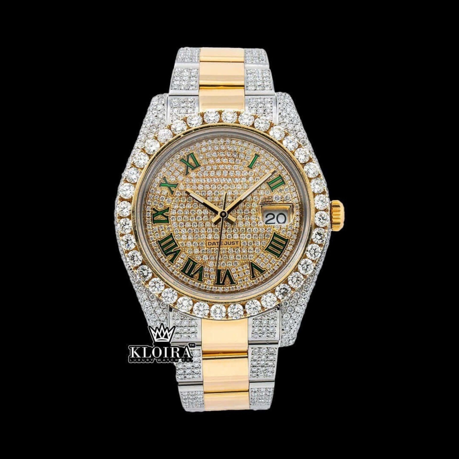 Green Roman Numerals Yellow Dial Two Tone Iced Out Moissanite Watch Front View