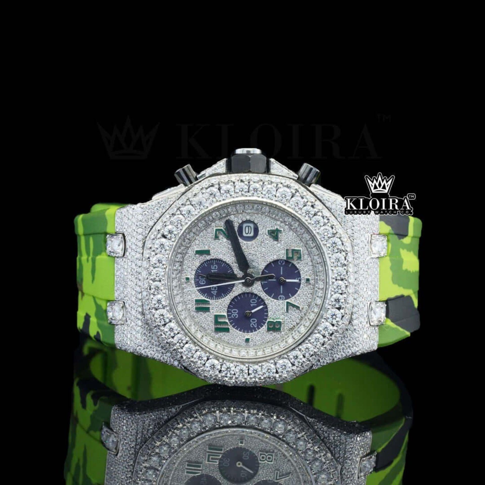 White Grey Rubber Strap Silver Dial Iced Out Watch