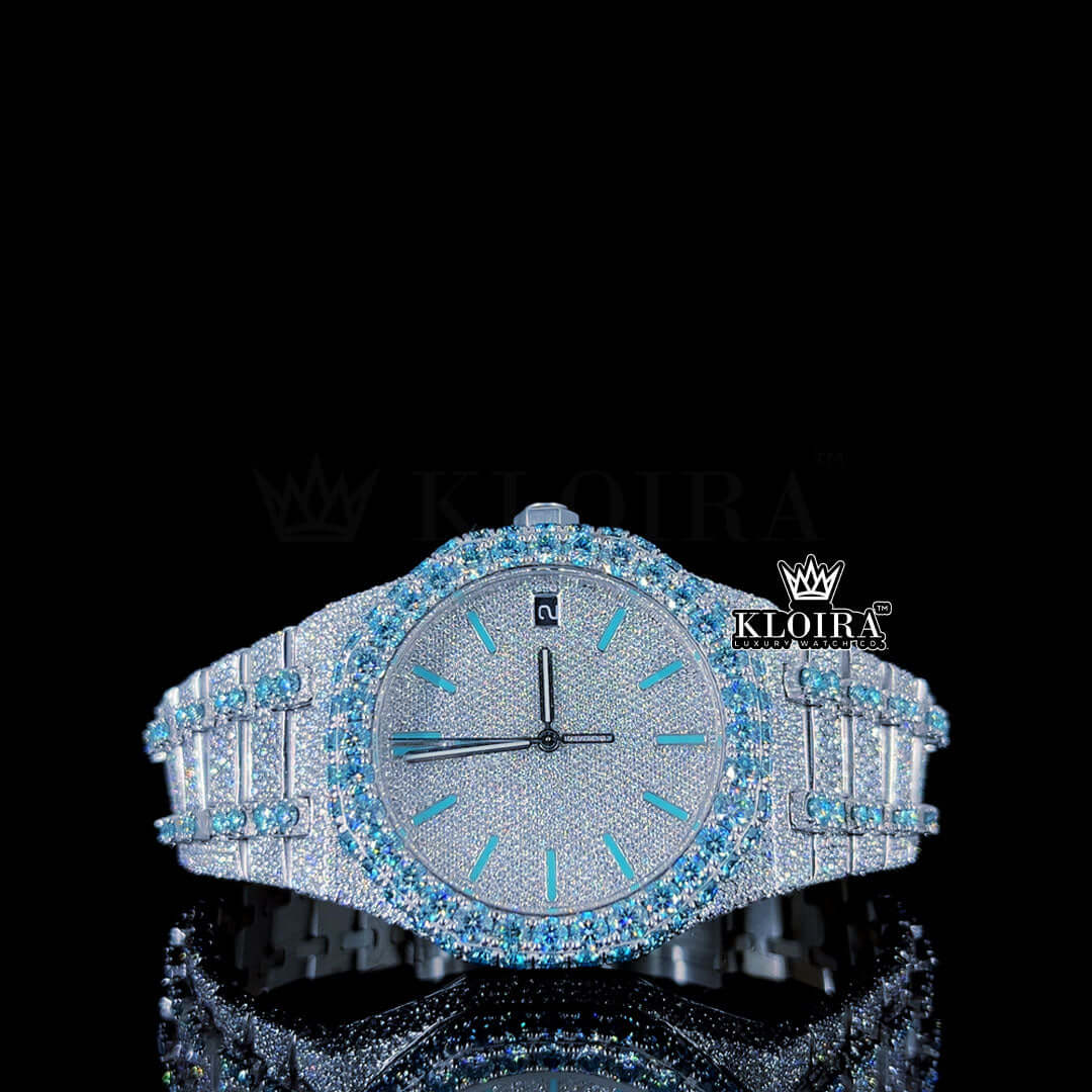 Ice Blue Dial AP Diamond Watch front view showcasing ice-blue baton markers on a fully pavé-set dial and matching ice-blue moissanite bezel.