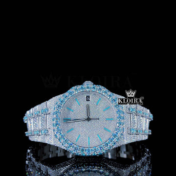 Ice Blue Dial AP Diamond Watch front view showcasing ice-blue baton markers on a fully pavé-set dial and matching ice-blue moissanite bezel.