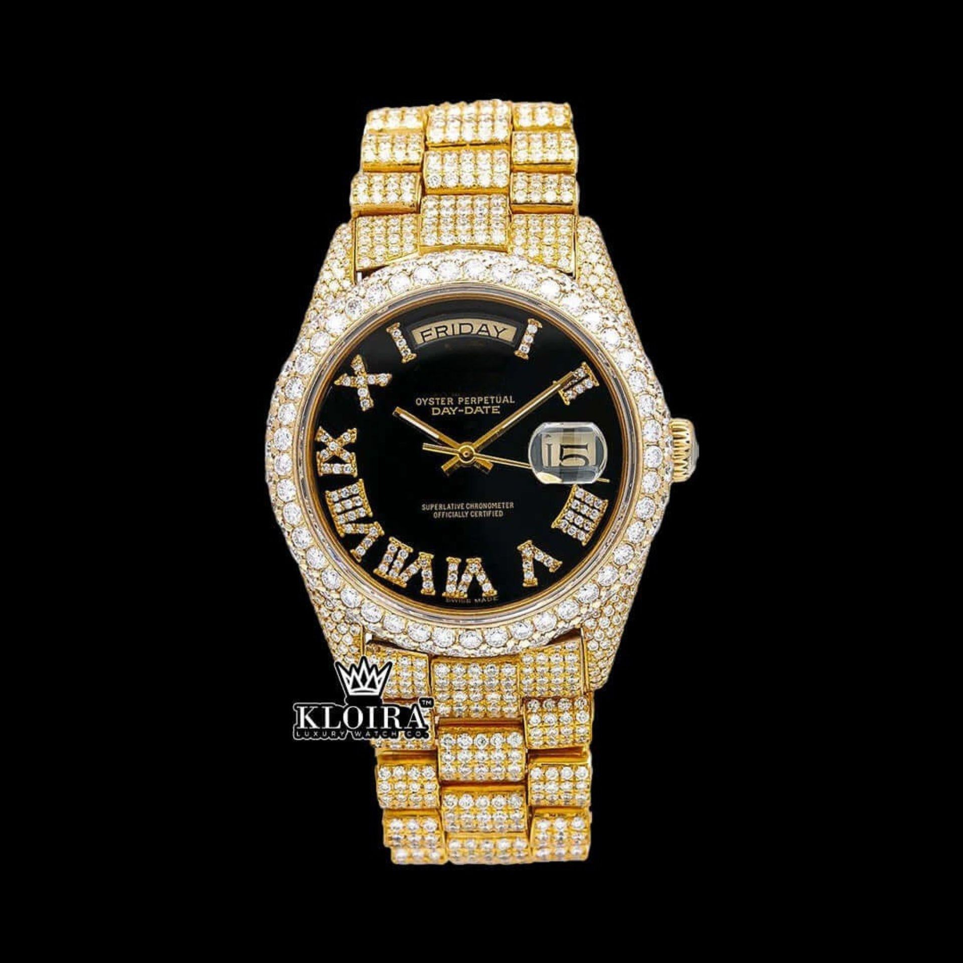 Iced Gold Watch Black Roman Dial Moissanite 14K Gold VVS 20 Carat 42mm Front View