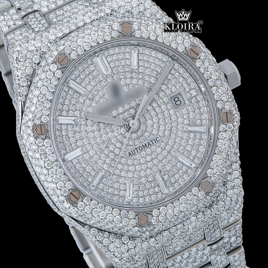Iced out AP watch front view with Moissanite dial and diamond strap