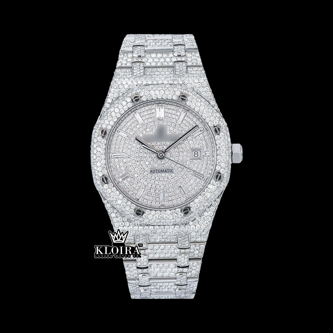 Iced out AP watch front view with Moissanite dial and diamond strap