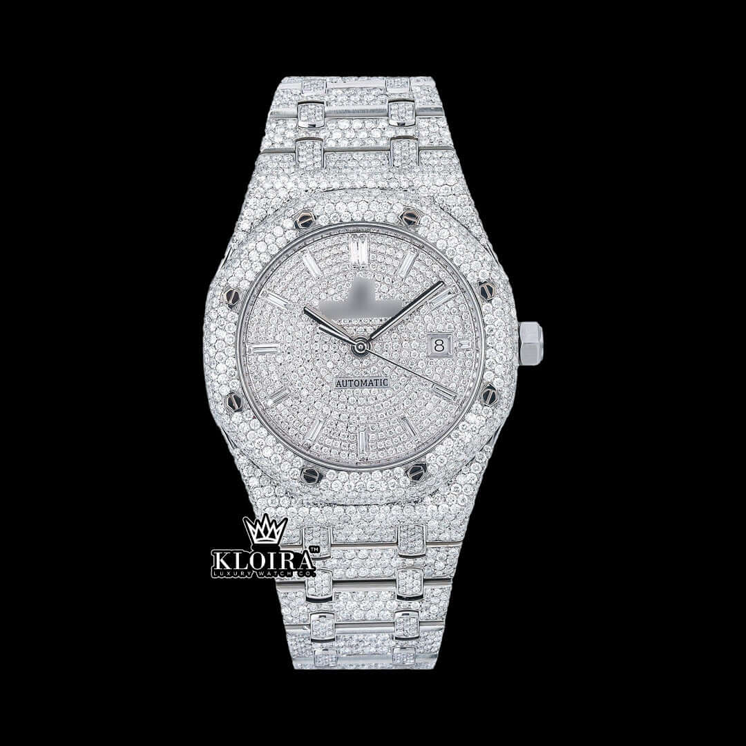 Iced out AP watch front view with Moissanite dial and diamond strap