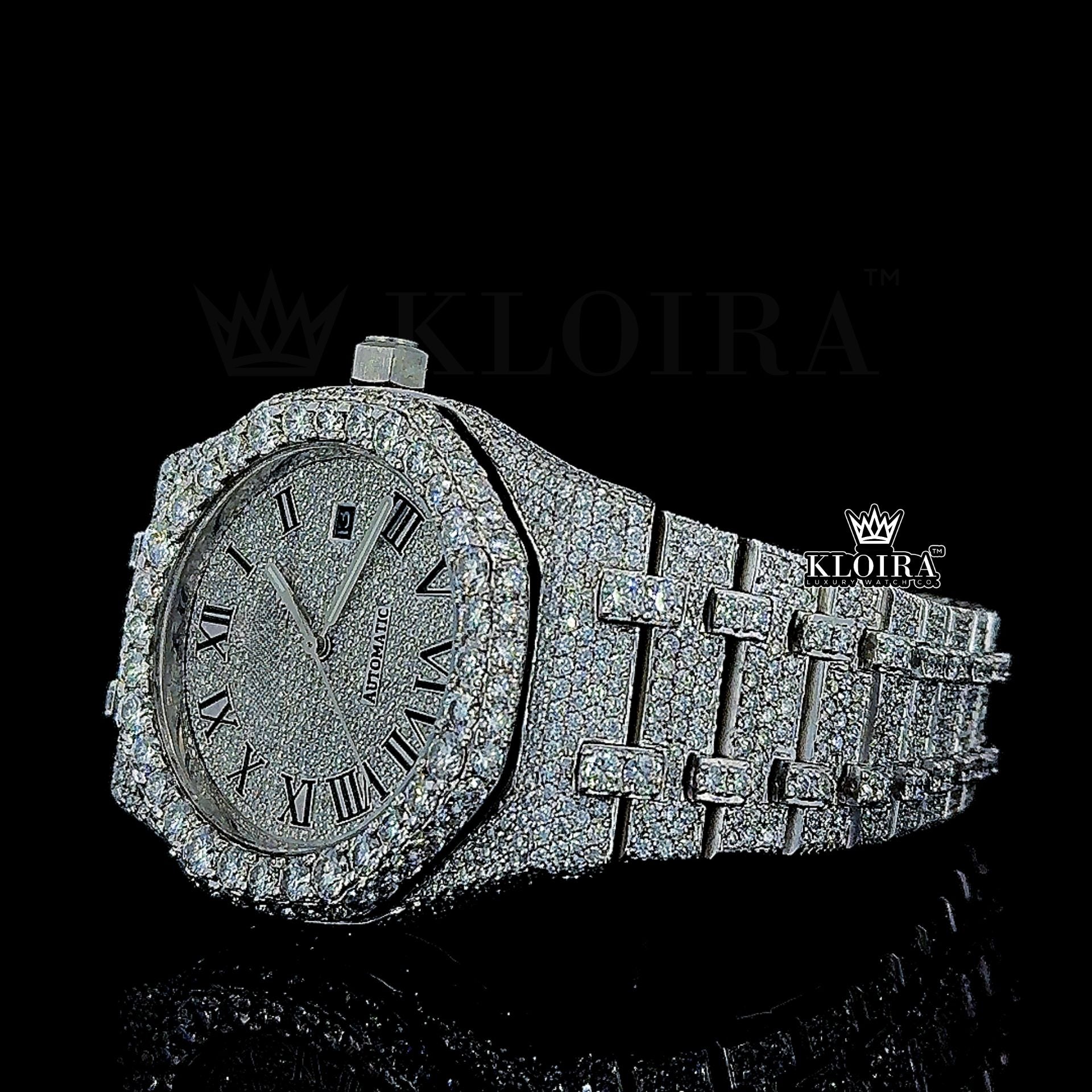 時計 Iced out Watch with Moissanite Iced Out AP Moissanite Watch White Roman Dial Diamond Bezel