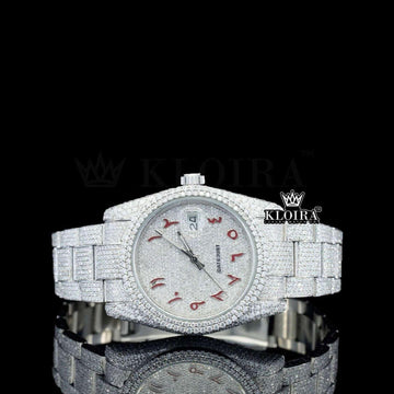 Iced Out Arabic Watch Red Number Lab-Grown Diamond 14K Gold 42mm Front View