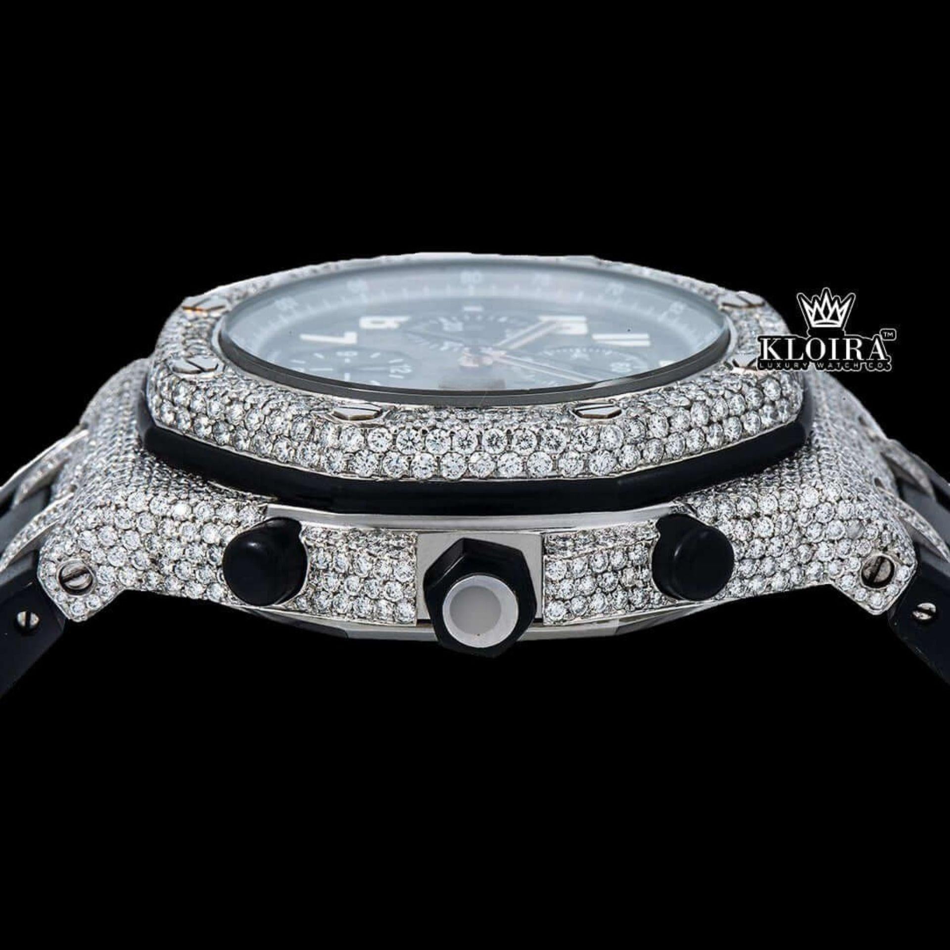 Iced Out Bezel Black Dial Rubber Strap Moissanite Diamond Watch