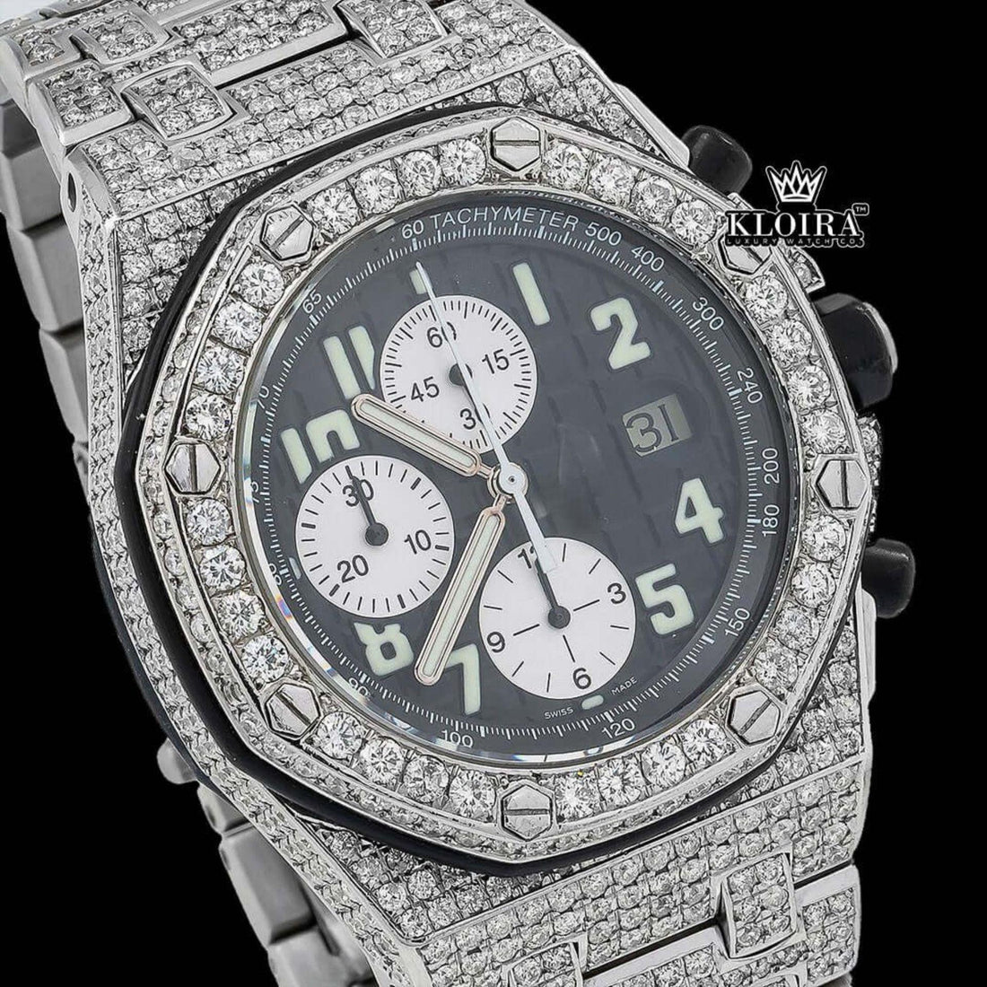 Iced Out Black Dial Chronograph Moissanite Diamond Watch 14K Gold 42mm Front View