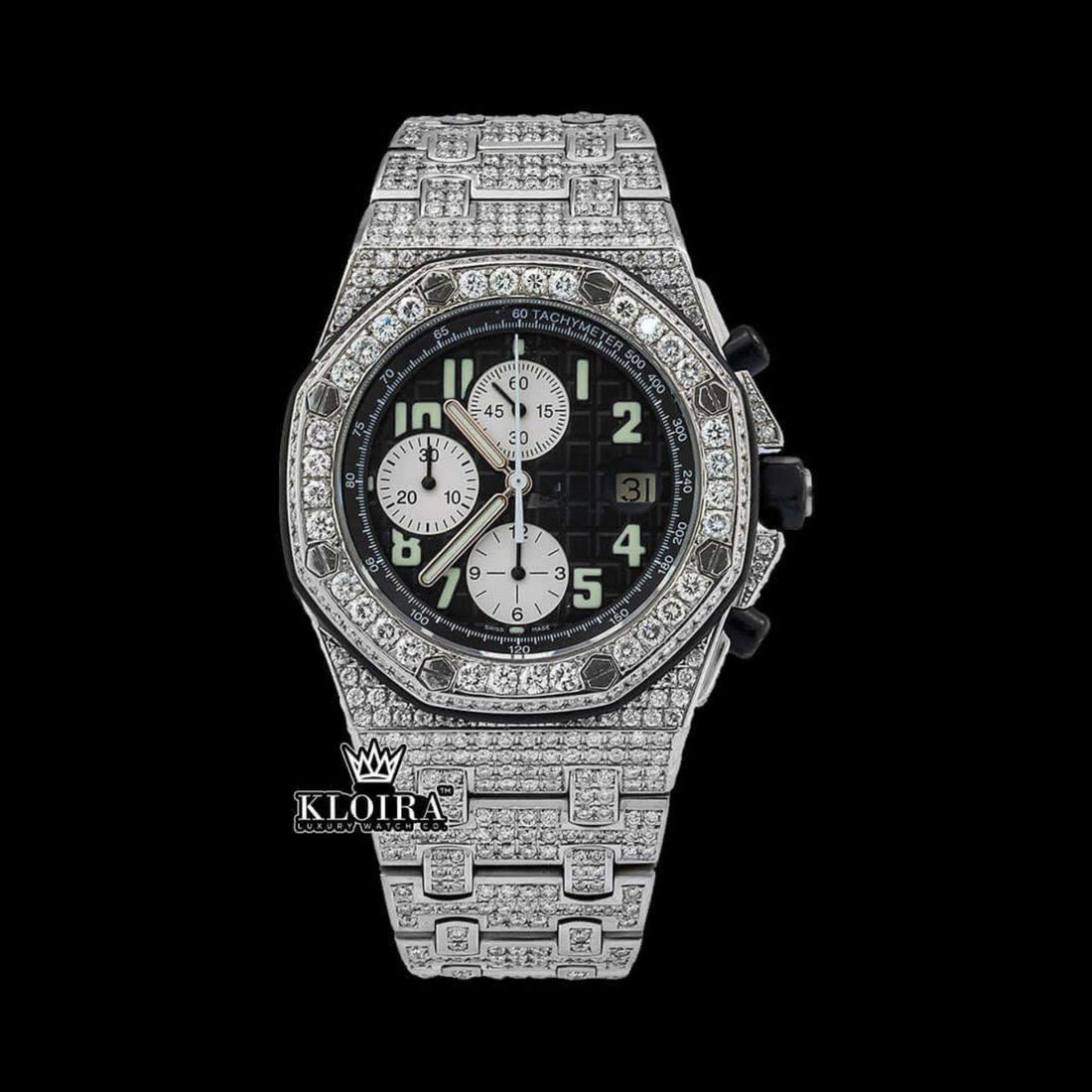 Iced Out Black Dial Chronograph Moissanite Diamond Watch 14K Gold 42mm Front View
