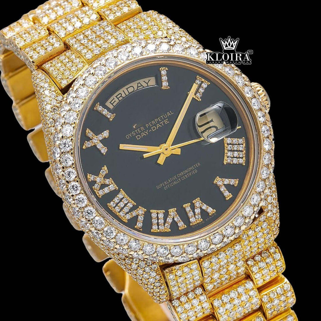 Iced Out Black Dial Roman Numerals Moissanite Diamond Watch Front View