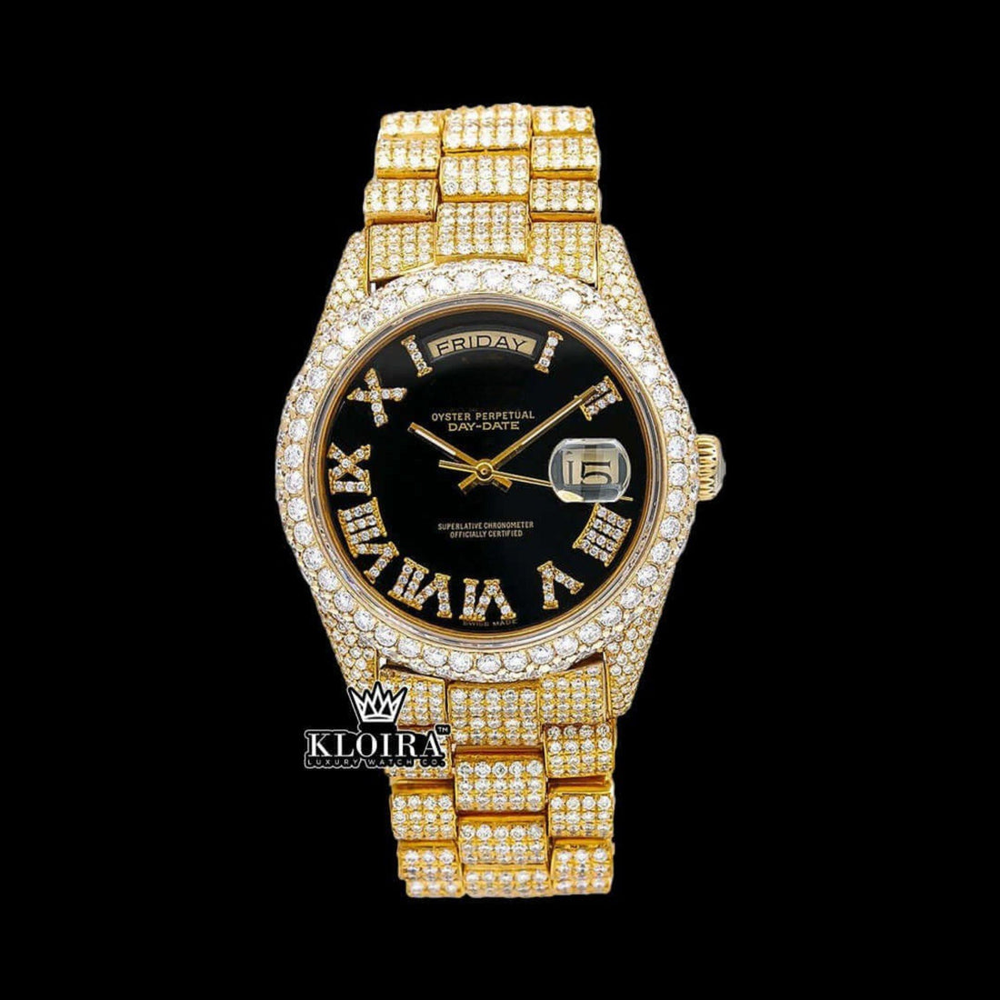 Iced Out Black Dial Roman Numerals Moissanite Diamond Watch Front View