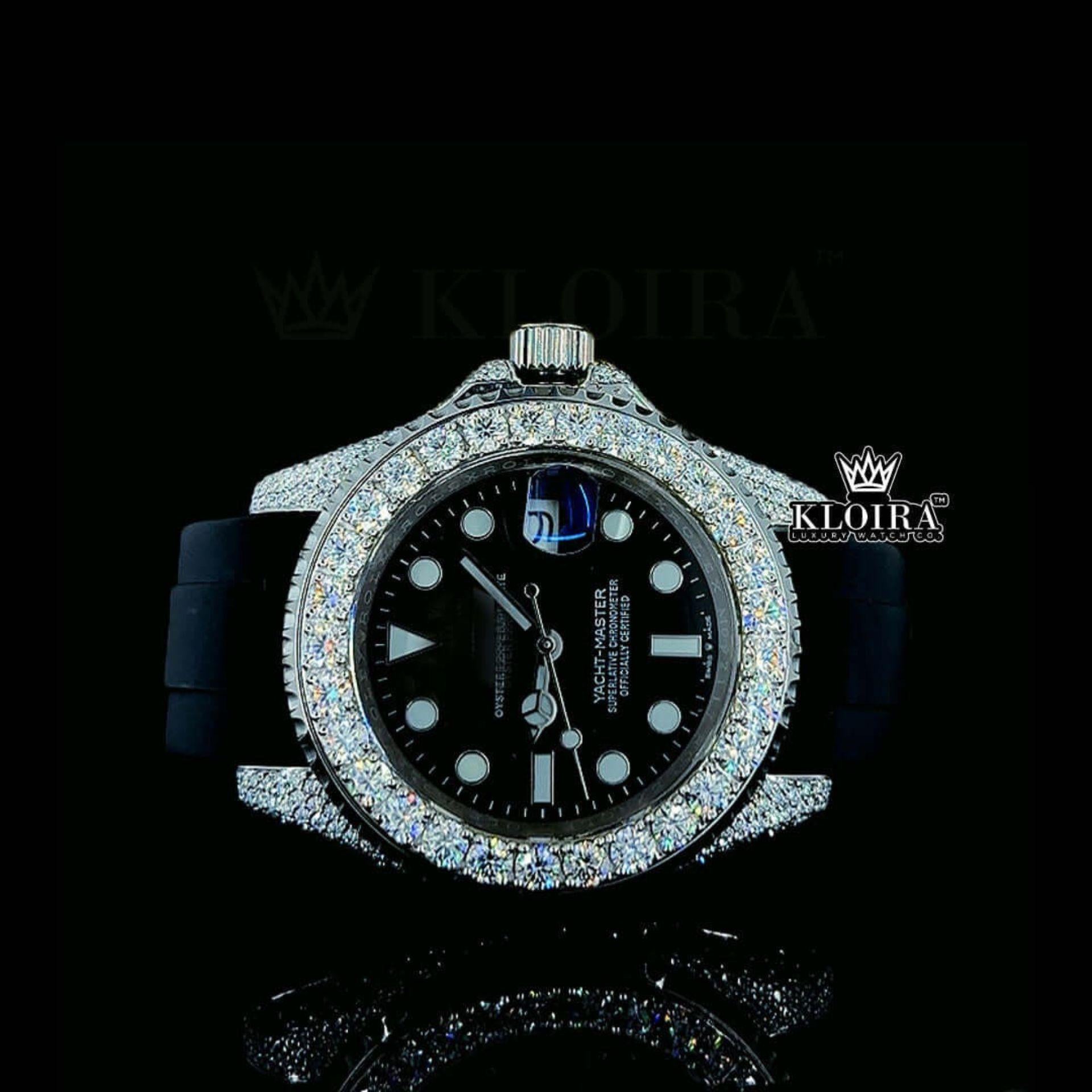 Iced Out Black Dial Rubber Strap Moissanite Diamond Watch Front View