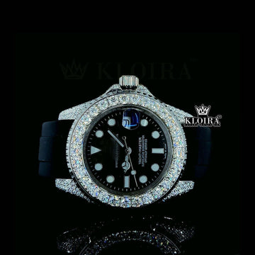 Iced Out Black Dial Rubber Strap Moissanite Diamond Watch Front View