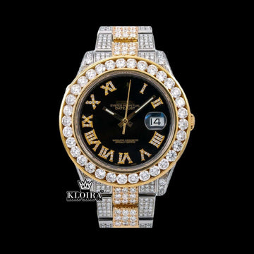 Iced Out Black Face Gold Toman Numerals Moissanite Diamond Watch Front View