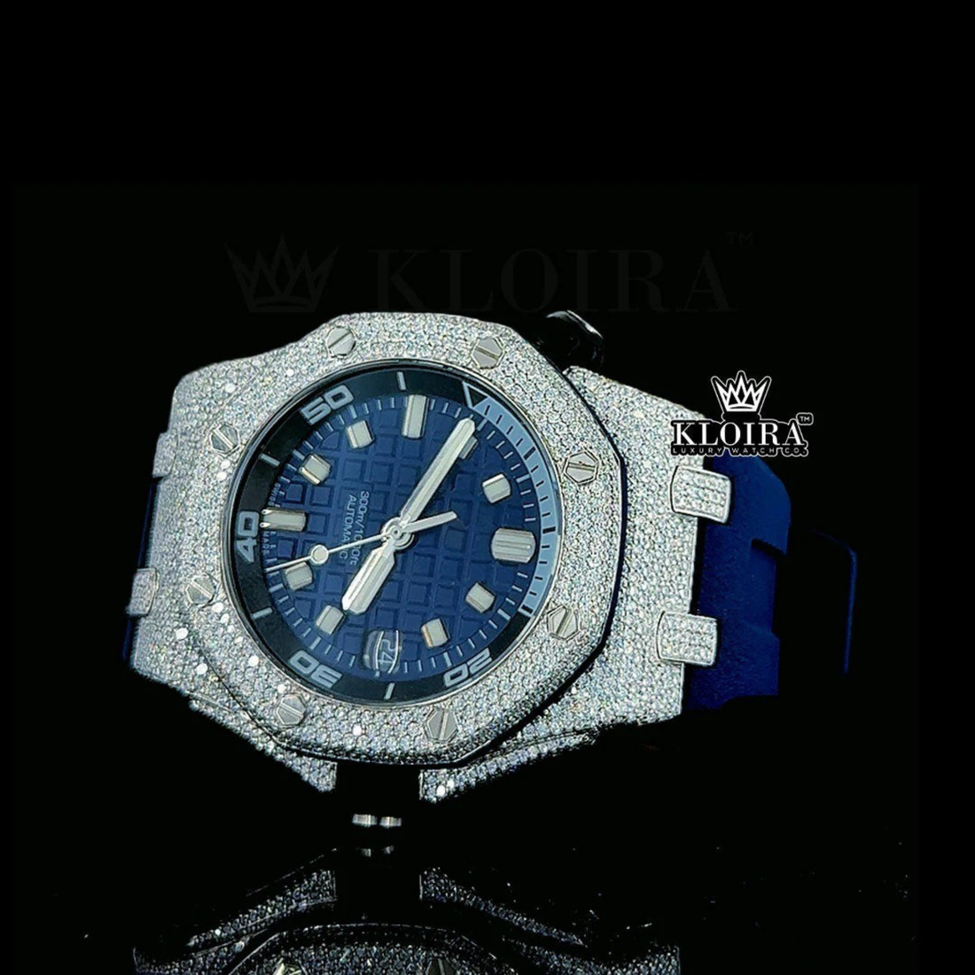 Iced Out Blue Date Display Dial Rubber Strap Moissanite Diamond Watch Front View