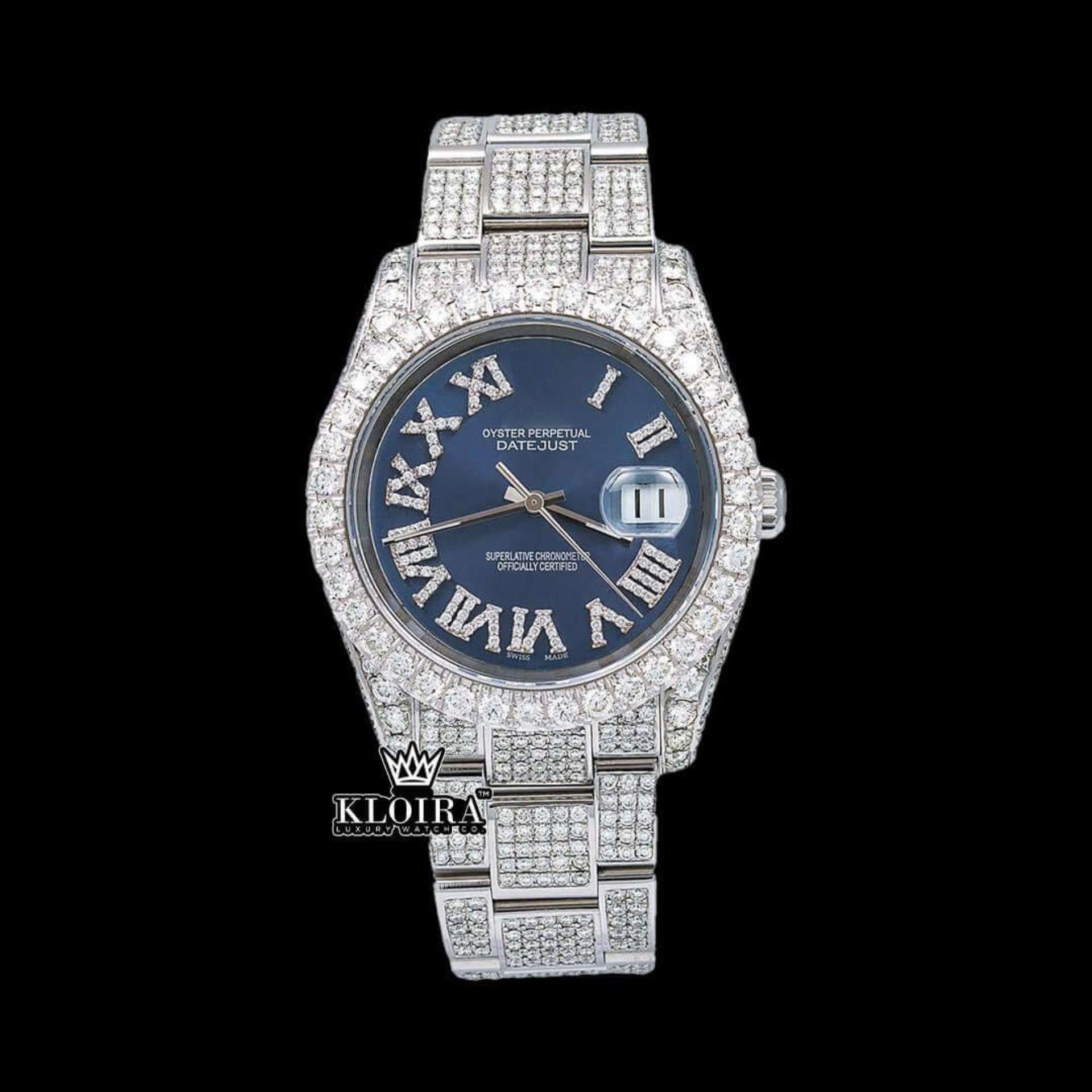 Iced Out Blue Face Roman Watch Moissanite 14K Gold VVS 22 Carat 42mm Front View