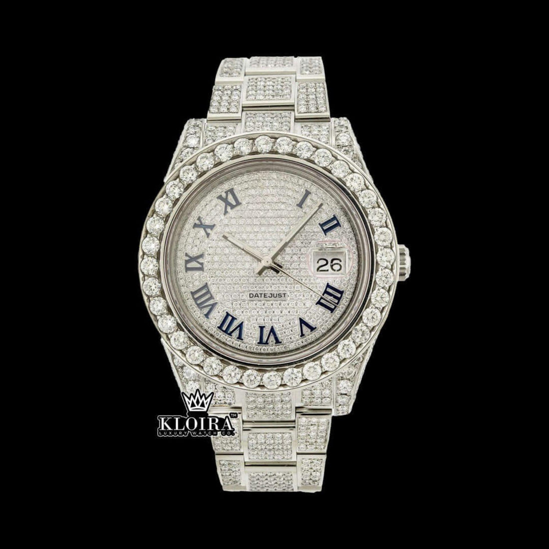 Iced Out Blue Roman Numerals White Gold Dial Moissanite Diamond Watch Front View