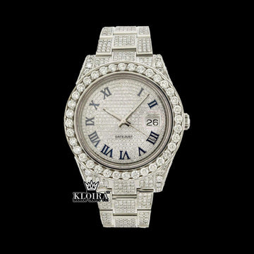 Iced Out Blue Roman Numerals White Gold Dial Moissanite Diamond Watch Front View