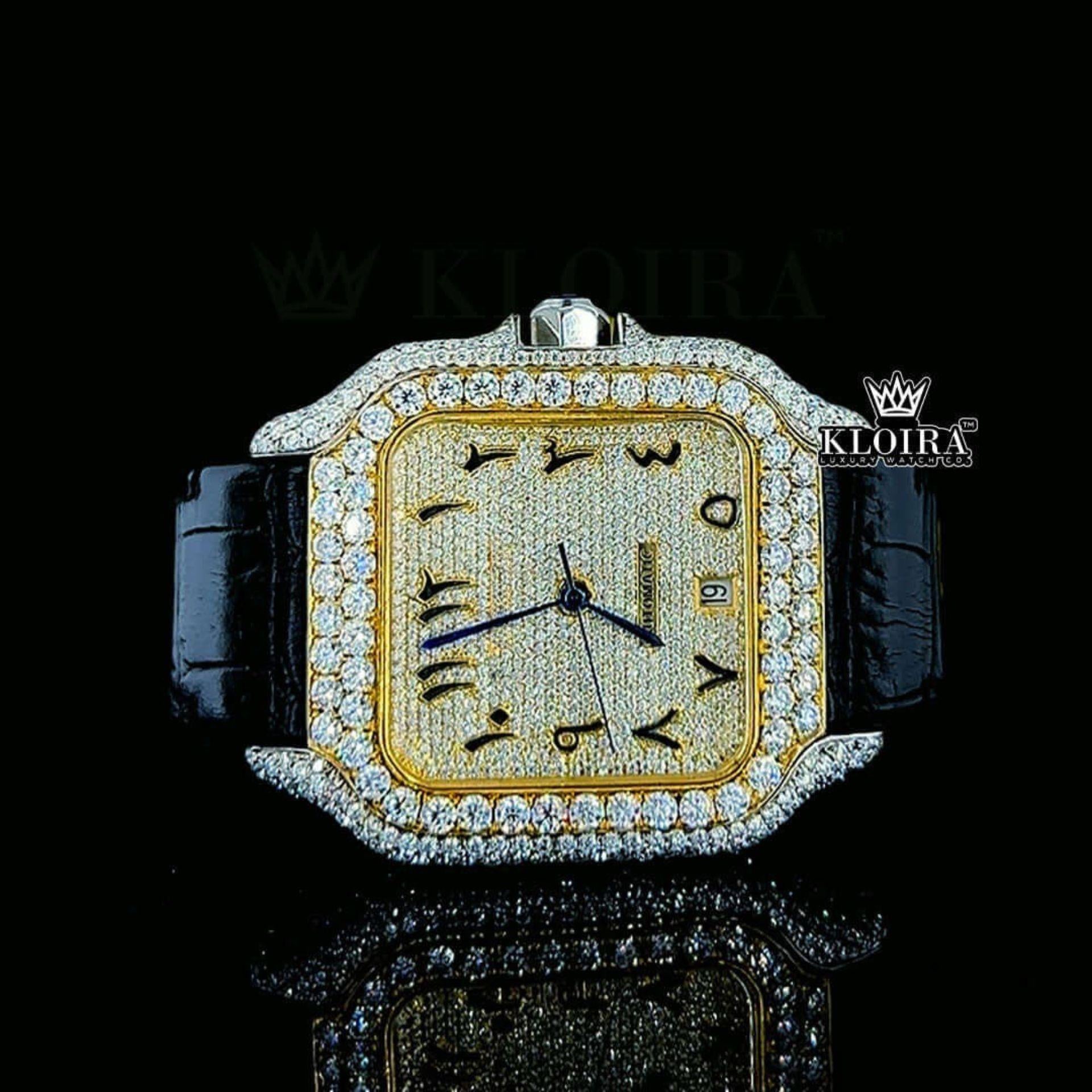 Iced Out Cartier Santos Inspired Arabic Dial Moissanite Diamond Watch 14K Gold Front View
