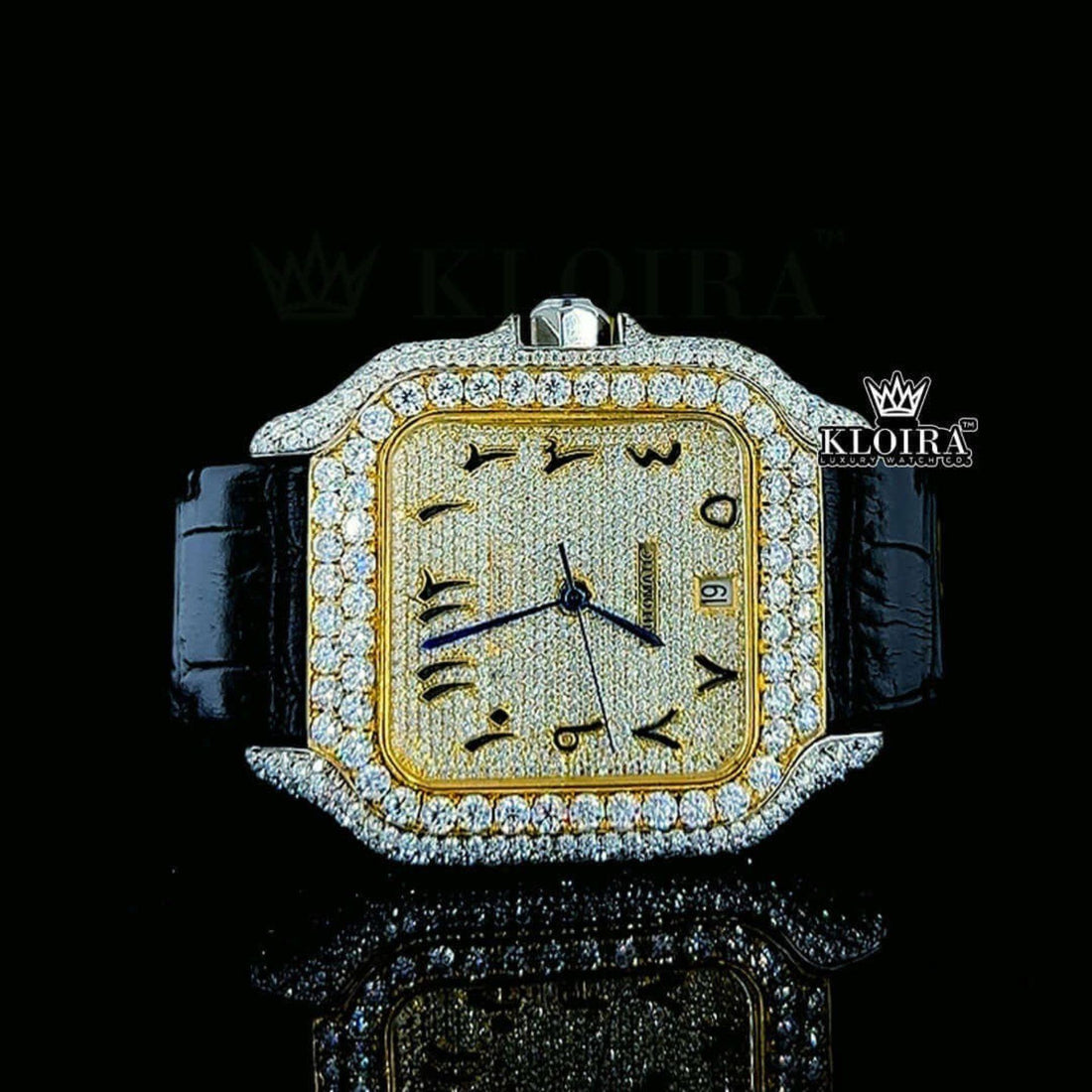 Iced Out Cartier Santos Inspired Arabic Dial Moissanite Diamond Watch 14K Gold Front View