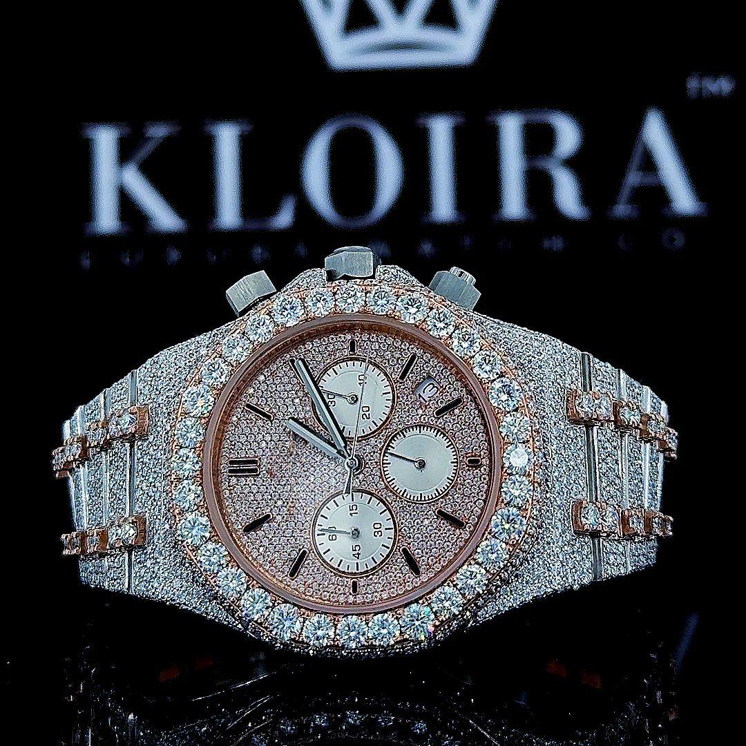 Iced Out Chronograph Dial Two Tone Bracelet Stick Markers Moissanite Watch Front Close View